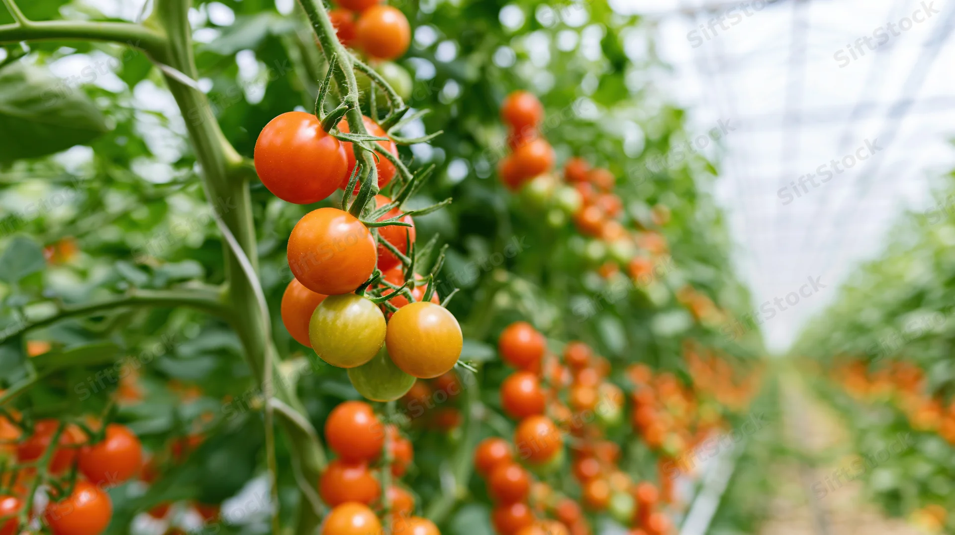Clusters of ripe cherry tomatoes hanging on vine stems inside greenhouse