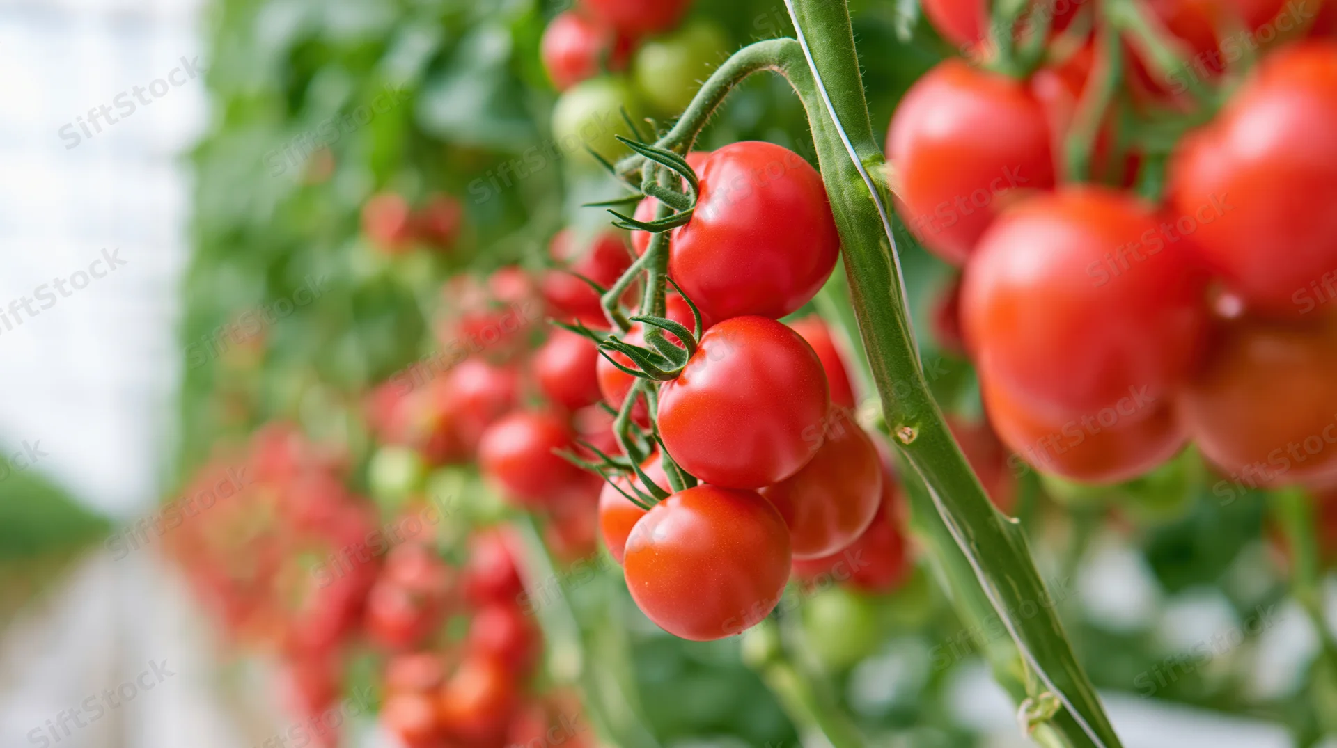Ripe red tomatoes clustered on a vine inside a greenhouse