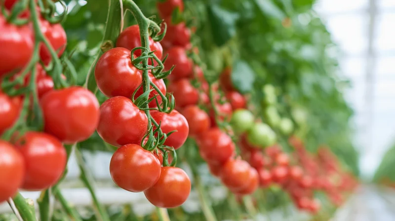 Ripe red tomatoes hanging on vine in greenhouse