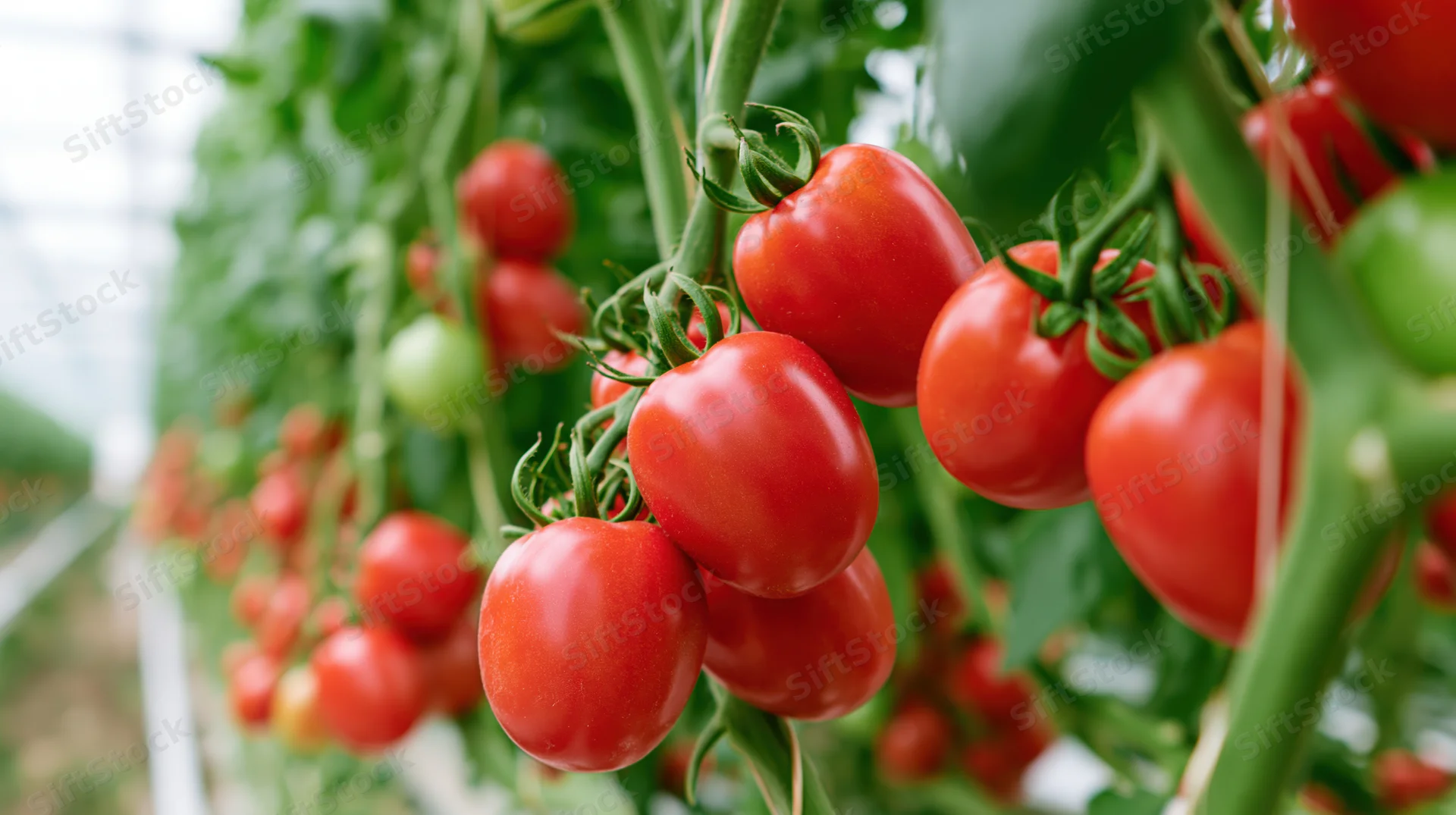 Ripe red tomatoes hanging on vine inside greenhouse