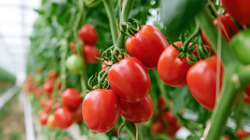 Clusters of tomatoes hanging on the vine inside a greenhouse