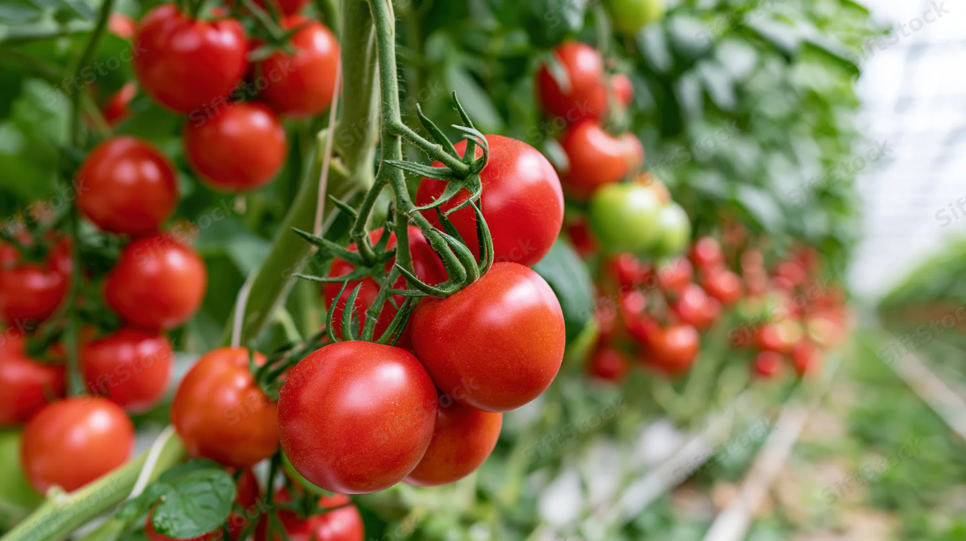 Ripe red tomatoes clustered on vines inside a greenhouse with green foliage and growing rows in the background