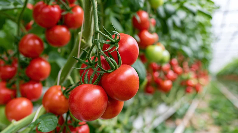 Ripe red tomatoes clustered on vines inside a greenhouse with green foliage and growing rows in the background
