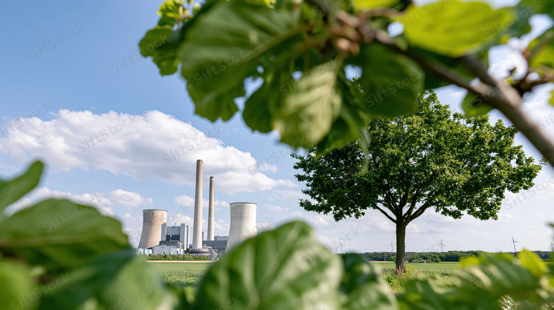 Coal power plant with cooling towers and smokestacks viewed through green foliage in a rural landscape