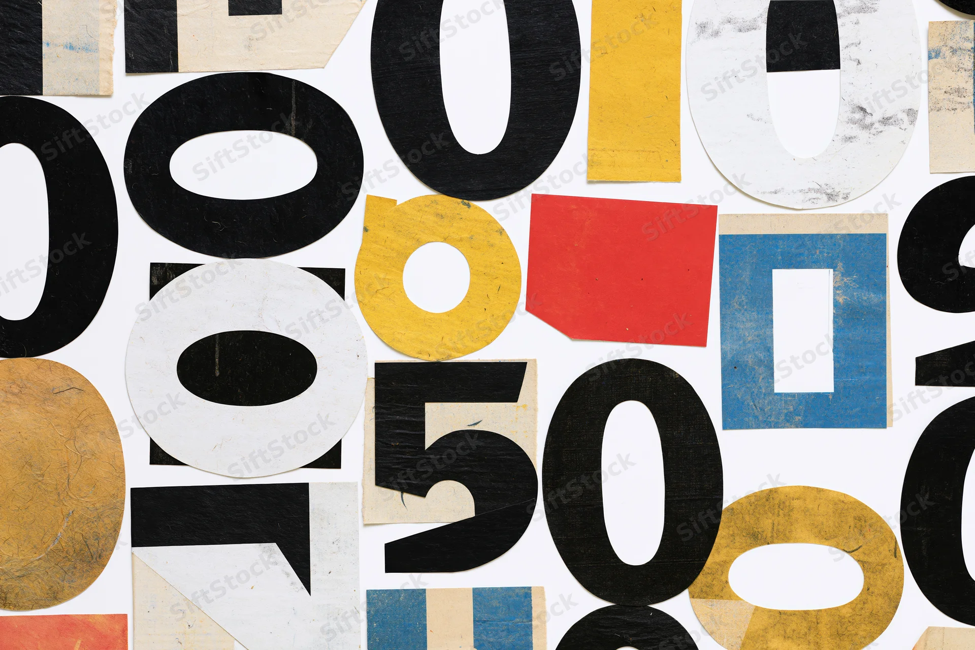 Collage of cut-out letter o and number 0 clippings arranged on white surface