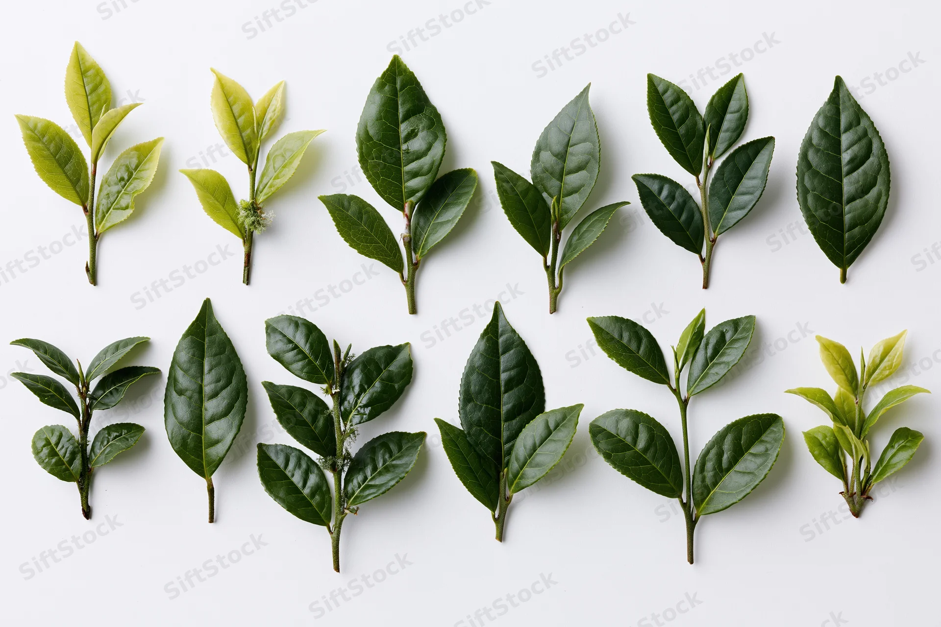 Fresh green tea leaves and small sprigs arranged in rows on white background