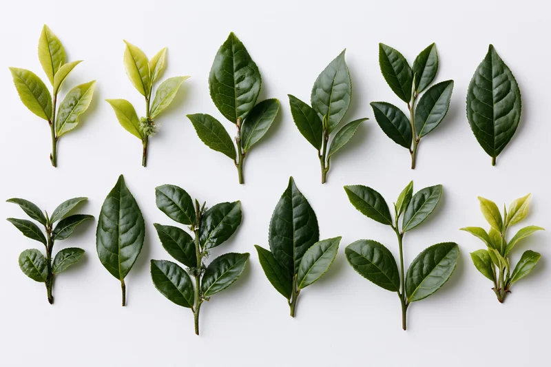 Fresh green tea leaves and small sprigs arranged in rows on white background