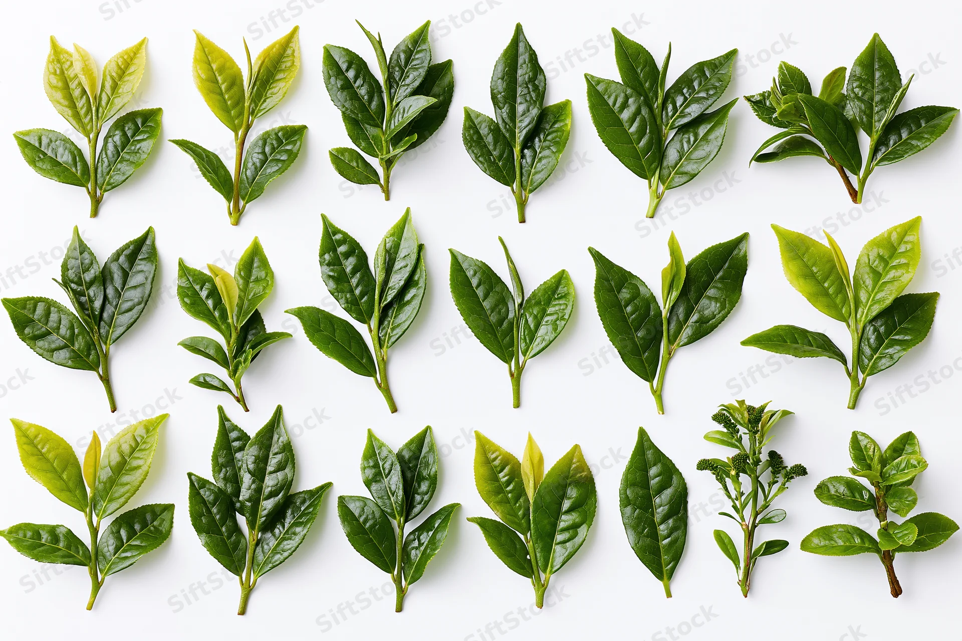 Fresh green tea leaves and small sprigs arranged in rows on white background