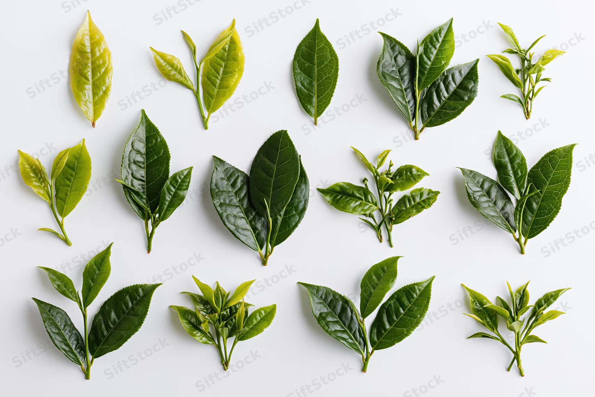 Fresh green tea leaves and small sprigs arranged on white background