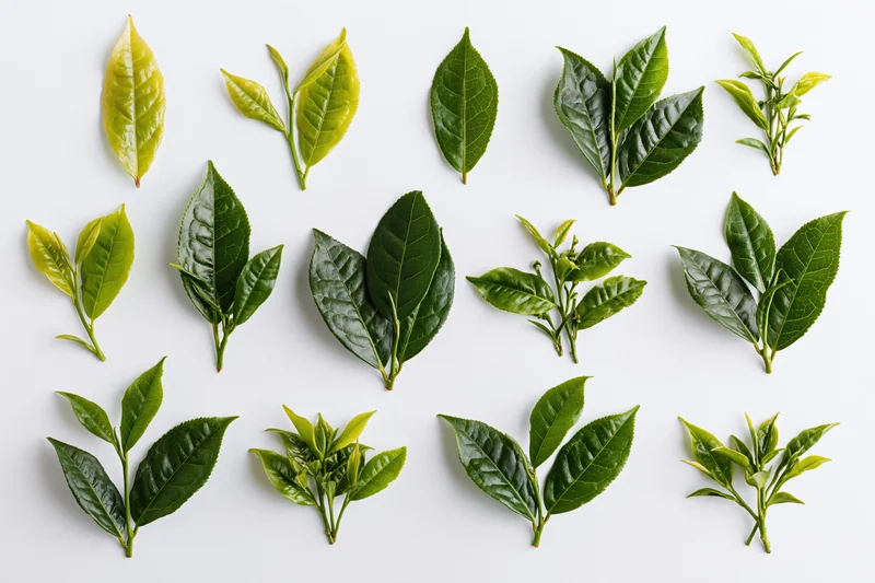 Fresh green tea leaves and small sprigs arranged on white background