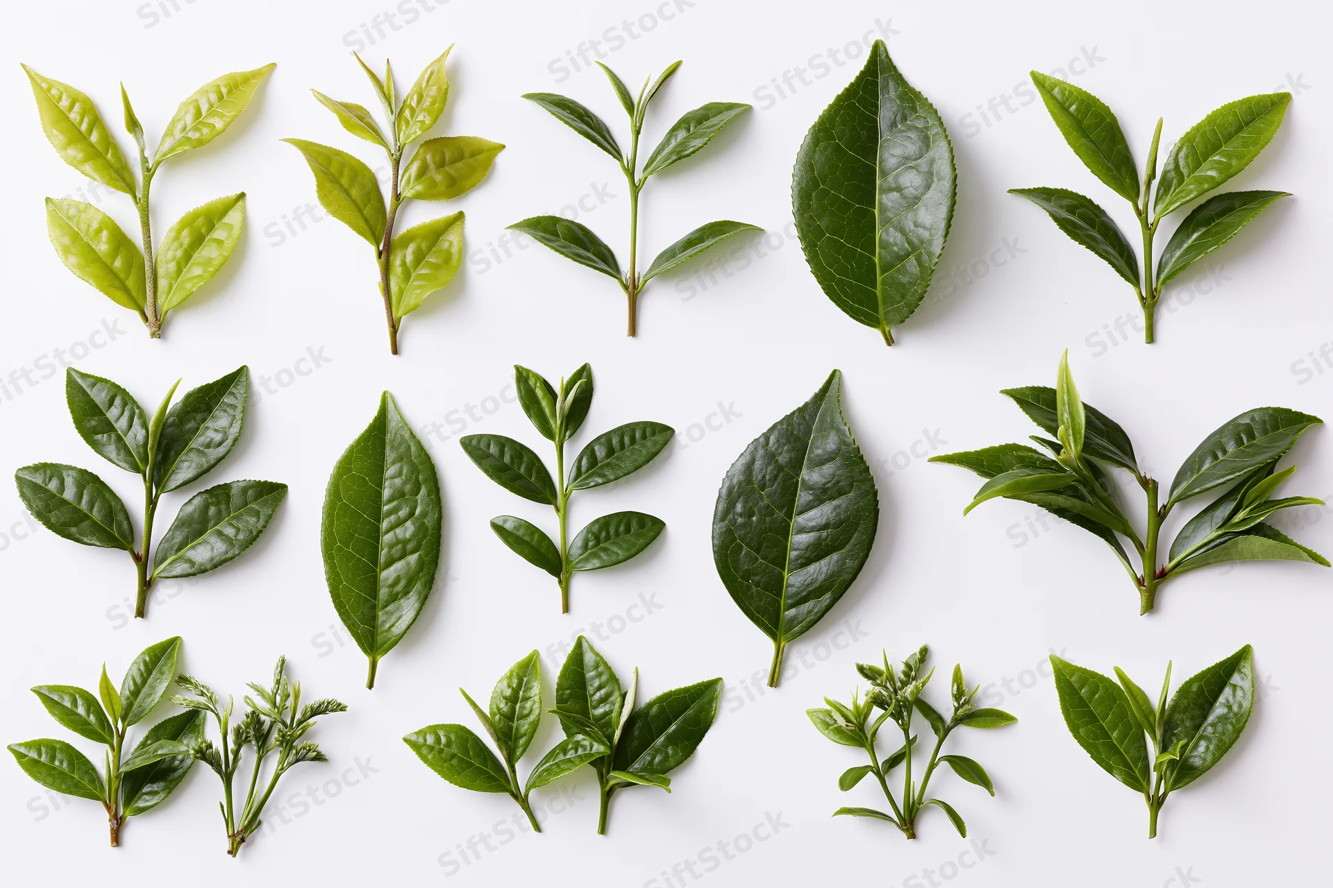 Collection of fresh green tea leaves and sprigs arranged in rows on white background