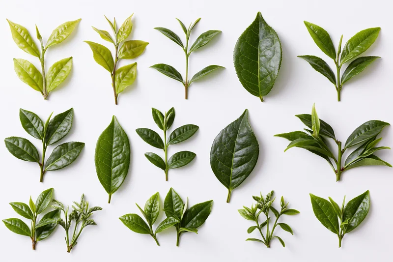 Collection of fresh green tea leaves and sprigs arranged in rows on white background