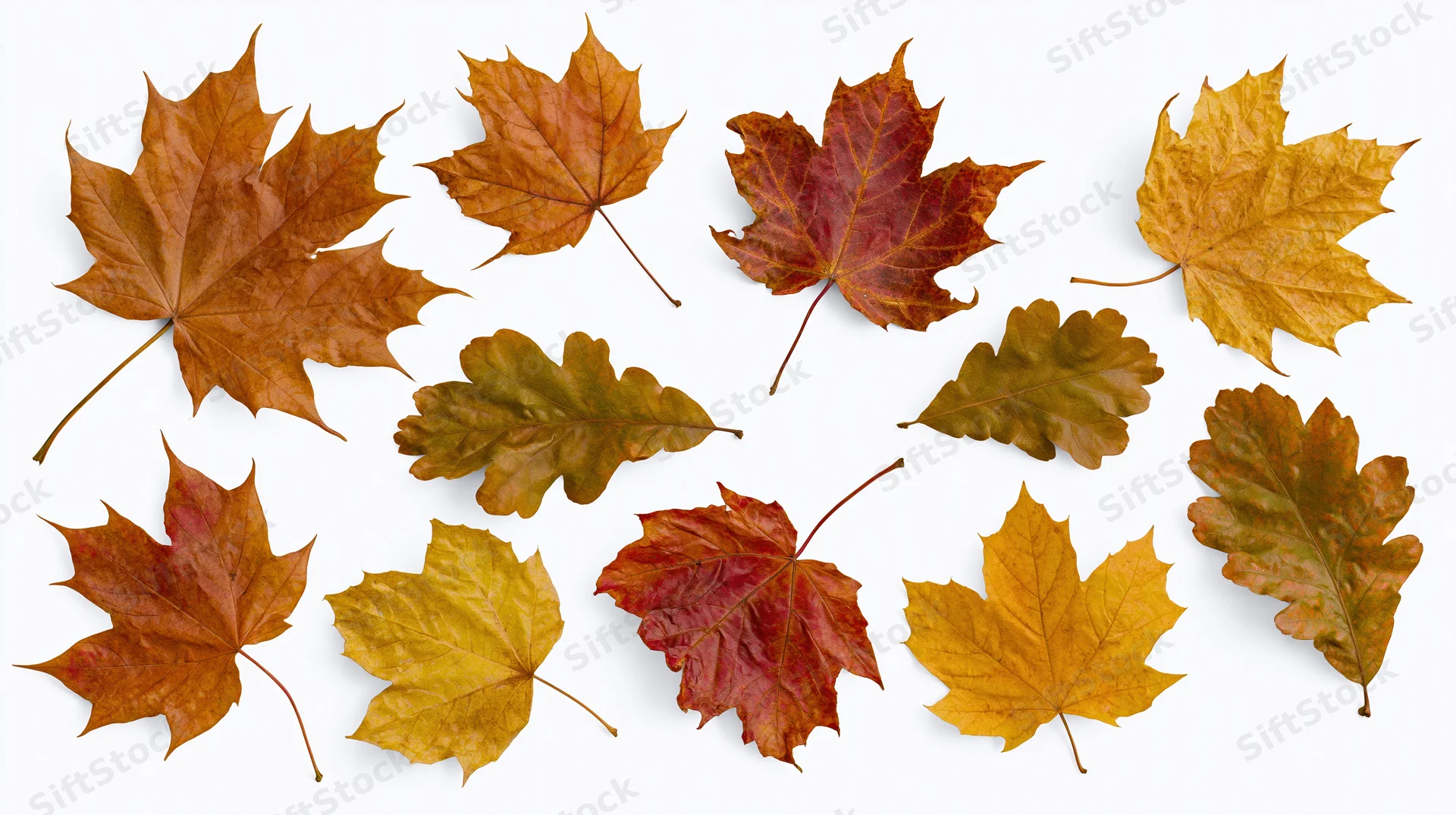 Ten autumn maple leaves arranged flat on white background