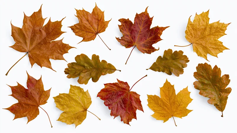 Ten autumn maple leaves arranged flat on white background
