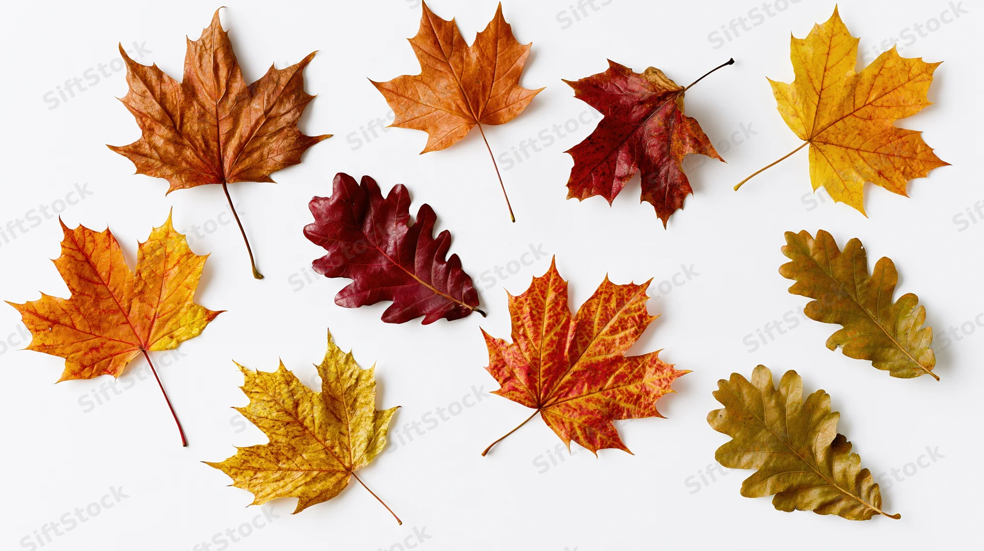 Ten autumn leaves arranged on a white background