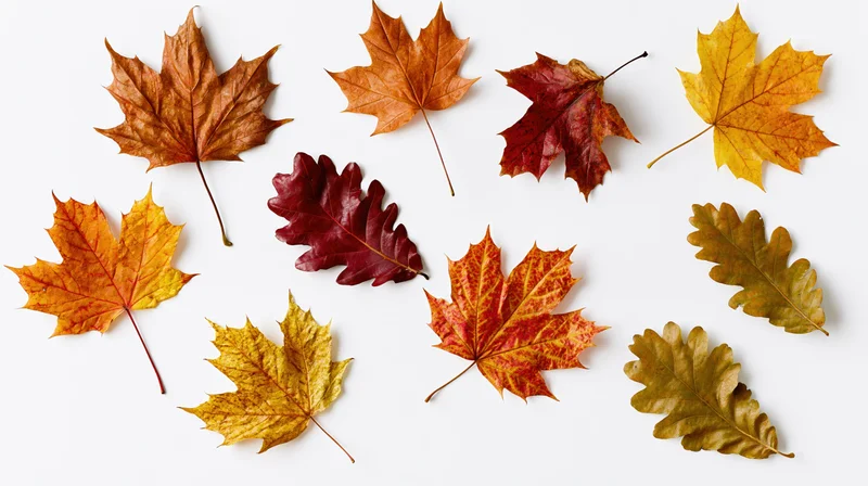 Collection of ten autumn leaves on a pure white background