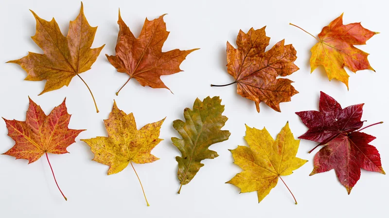 Ten autumn maple leaves arranged in a flat lay on a white background