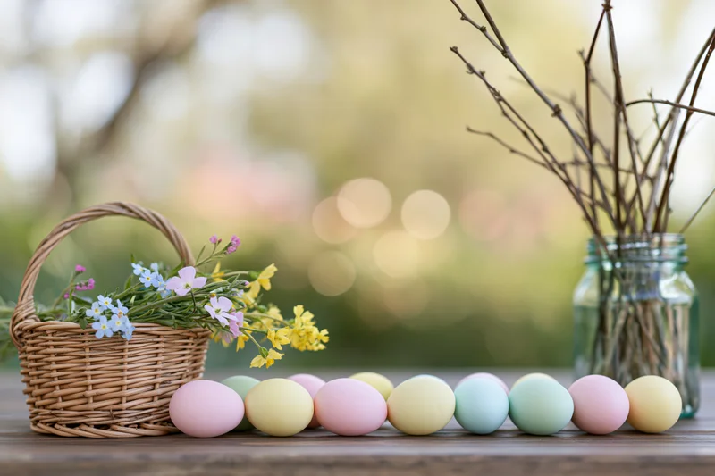 Colorful easter eggs arranged in a row on a wooden table beside a wicker basket with flowers and a jar of twigs