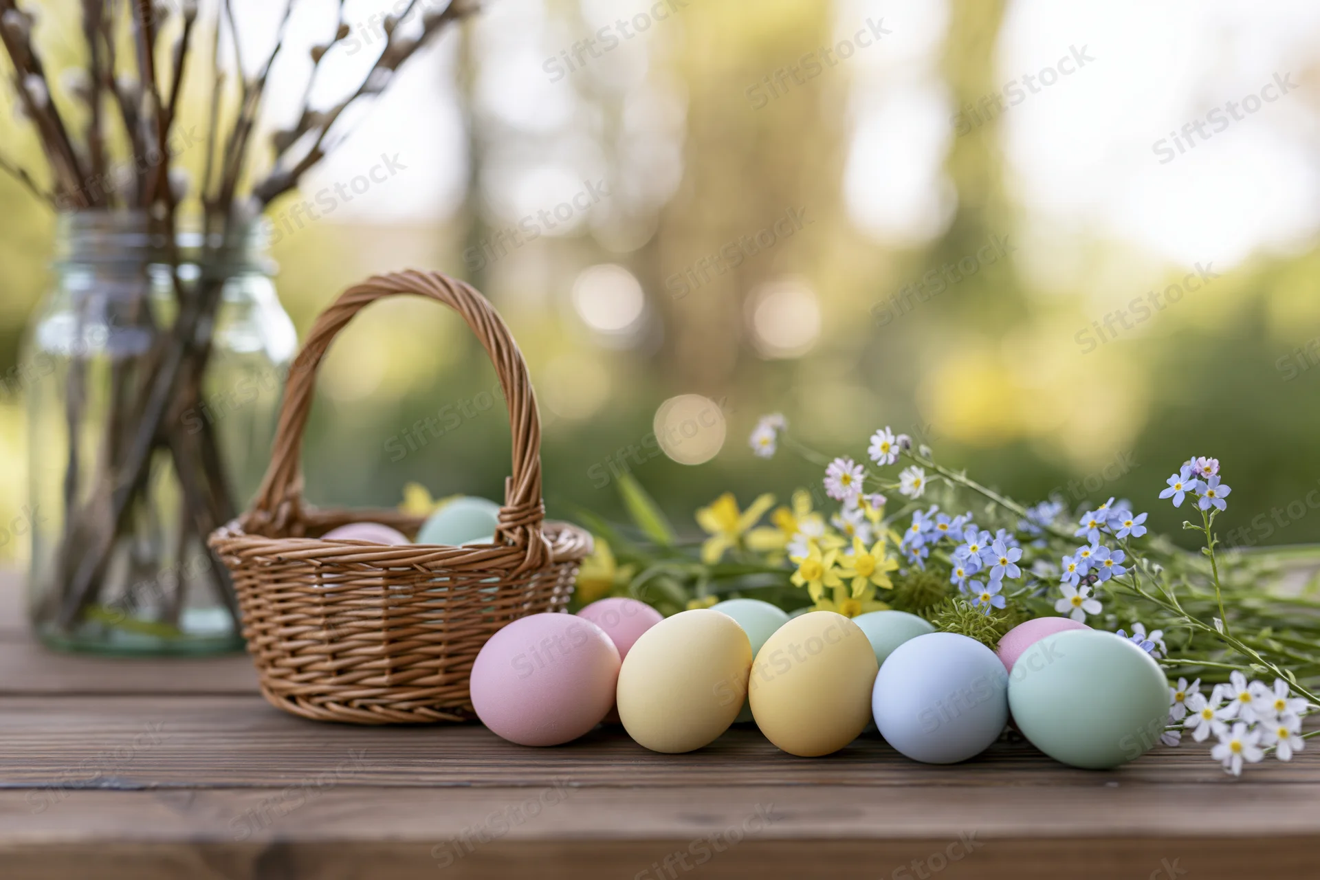 Colorful easter eggs arranged on a wooden table with a wicker basket and spring flowers