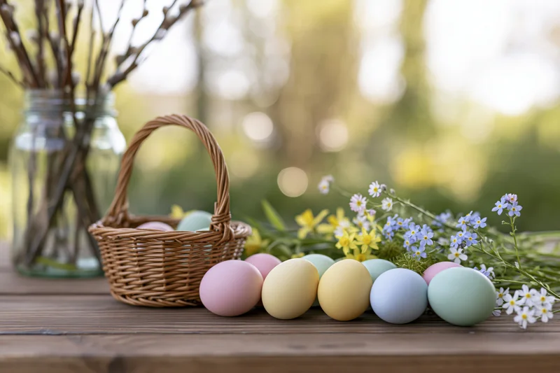Colorful easter eggs arranged on a wooden table with a wicker basket and spring flowers