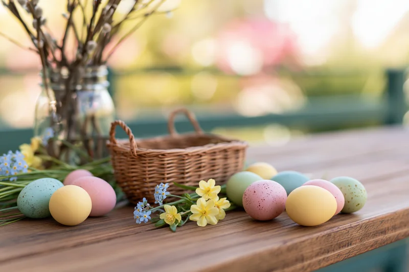 Colorful easter eggs and spring flowers arranged on a wooden table with a wicker basket and willow branches in a vase