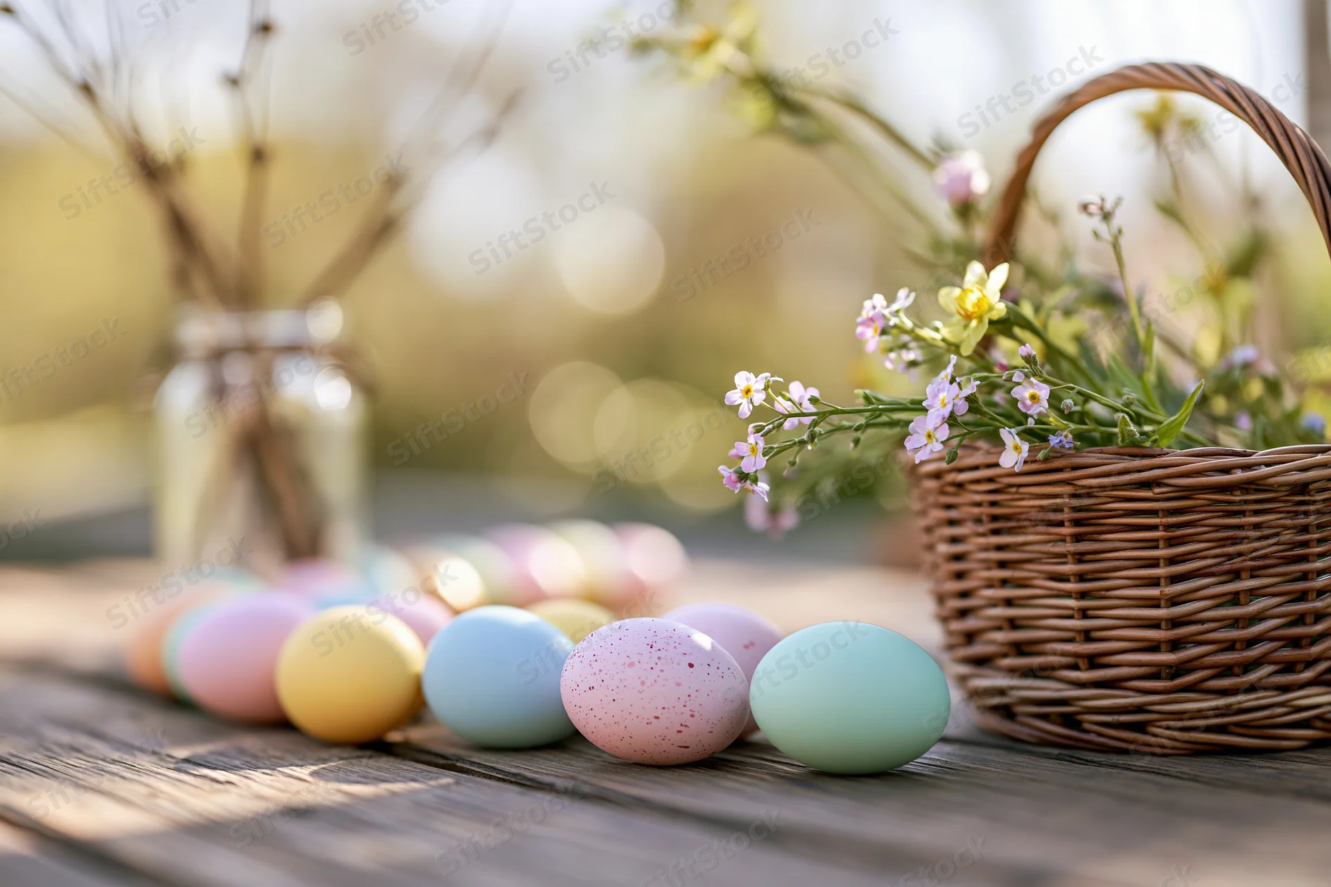 Colorful easter eggs arranged on a wooden table beside a wicker basket with flowers