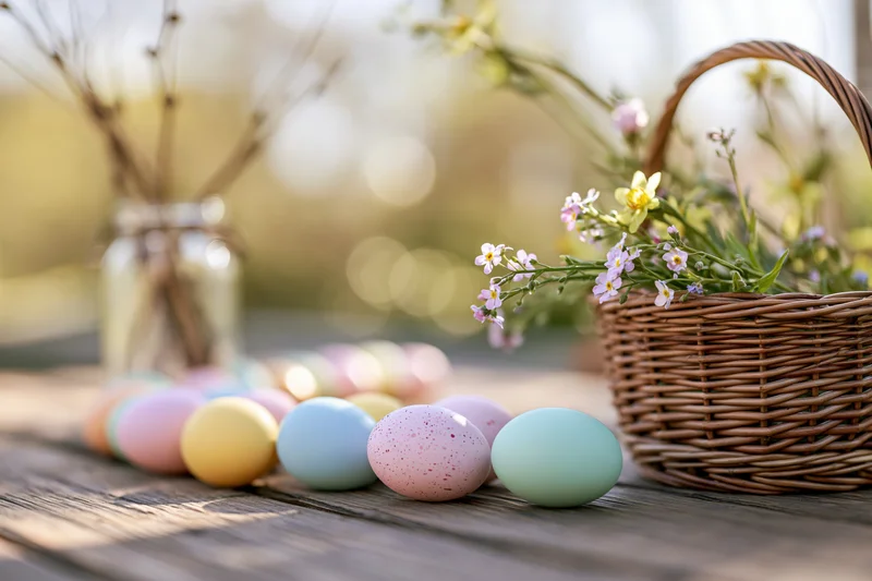Colorful easter eggs arranged on a wooden table beside a wicker basket with flowers