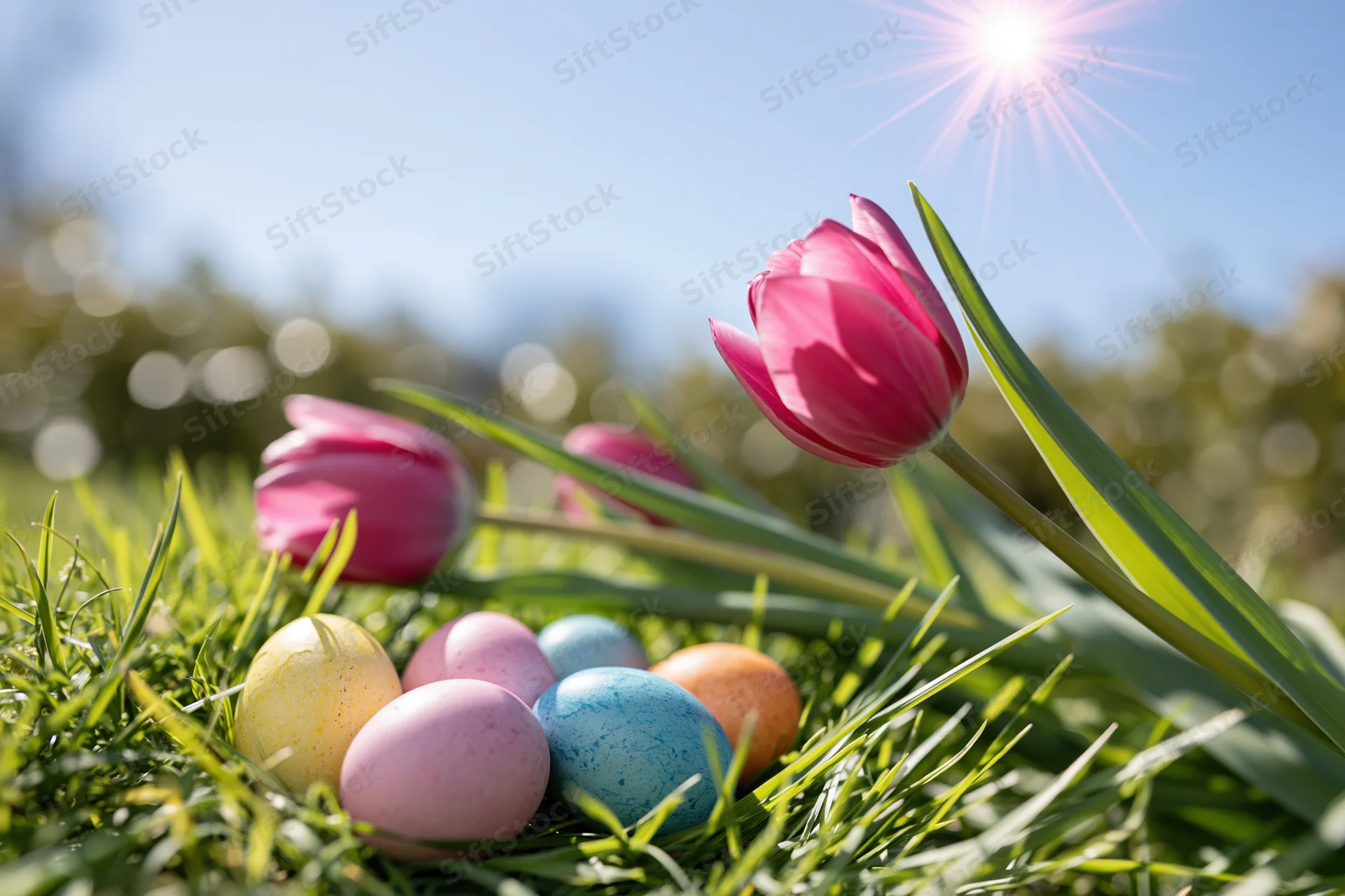 Colorful easter eggs nestled in green grass beside pink tulips under bright sunlight