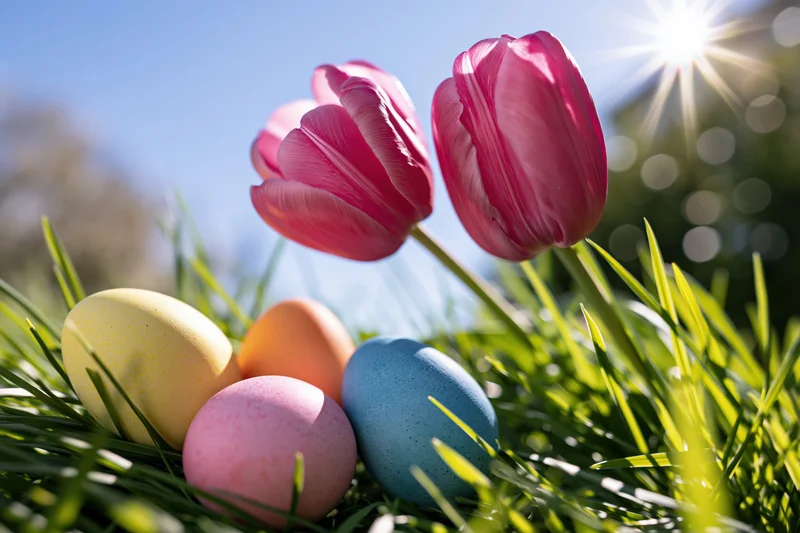 Colorful easter eggs nestled in green grass beside pink tulips under bright sunlight