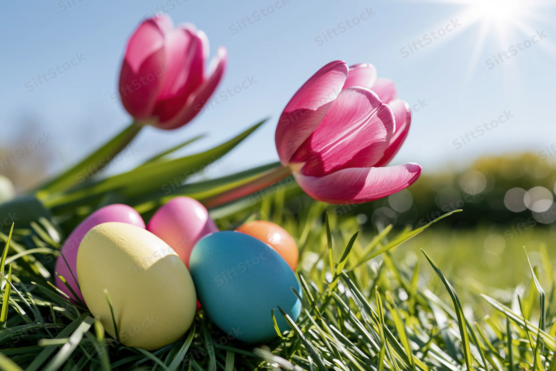 Colorful easter eggs nestled in green grass beside blooming pink tulips under bright sunlight
