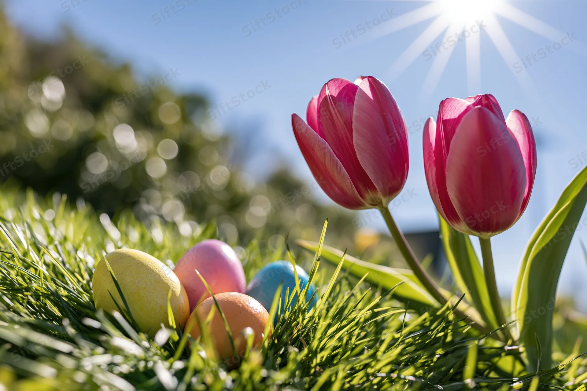 Colorful easter eggs nestled in green grass beside pink tulips under bright sunlight