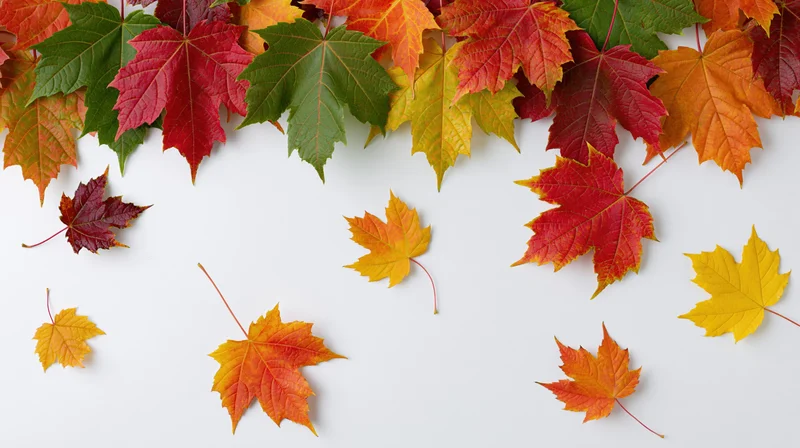 Colorful maple leaves arranged in an arc along the top of a white surface with copyspace below