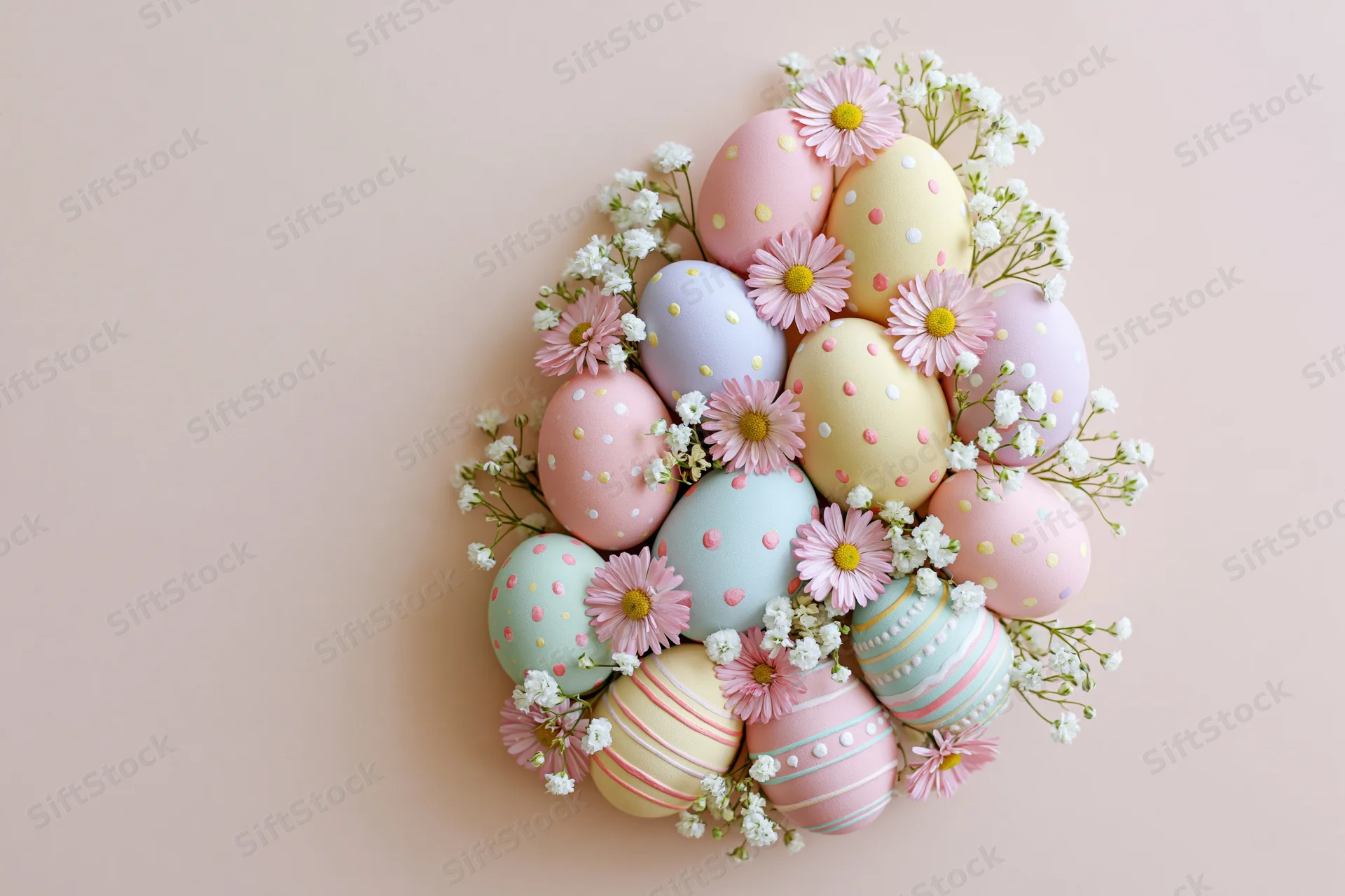 Pastel painted easter eggs and small pink daisy flowers arranged in a circular bouquet on a light pink background