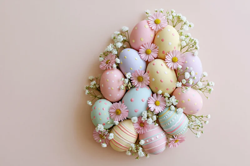 Pastel painted easter eggs and small pink daisy flowers arranged in a circular bouquet on a light pink background