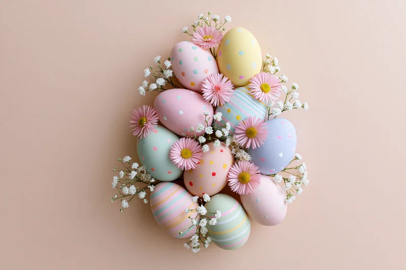 Colorful painted easter eggs and small pink daisy flowers arranged in a flat lay on a beige background