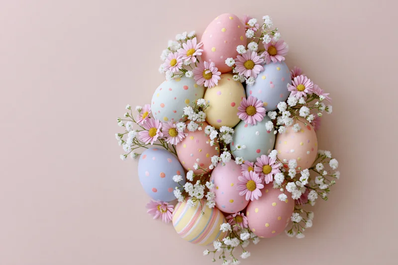 Colorful painted easter eggs and small pink daisy flowers arranged in a circular bouquet on a pastel pink background
