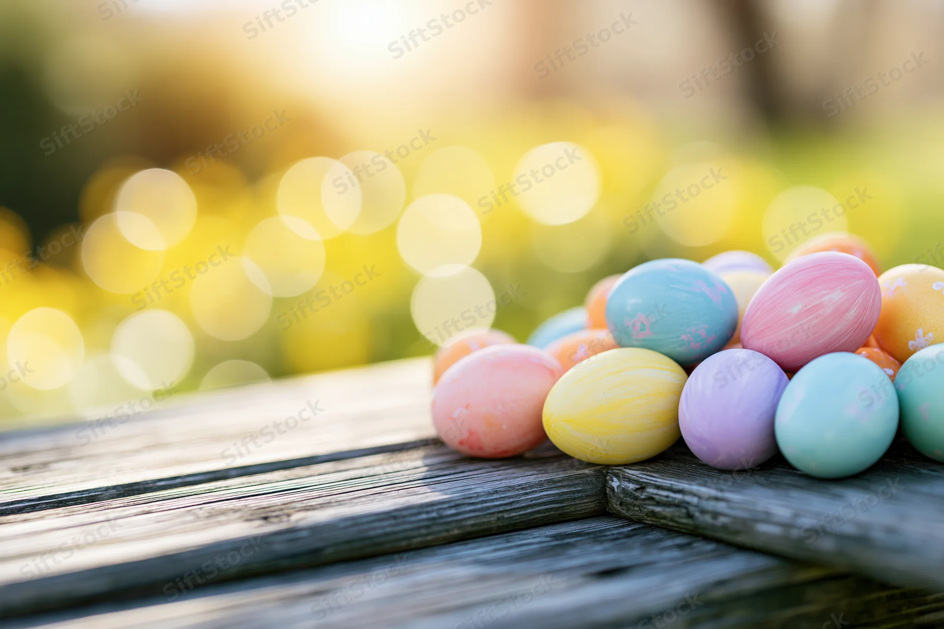 Colorful painted easter eggs clustered on a wooden table outdoors with blurred garden background