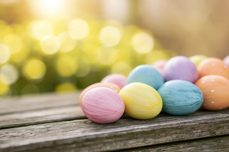 Colorful painted easter eggs arranged on a wooden table outdoors with blurred greenery and sunlight in the background