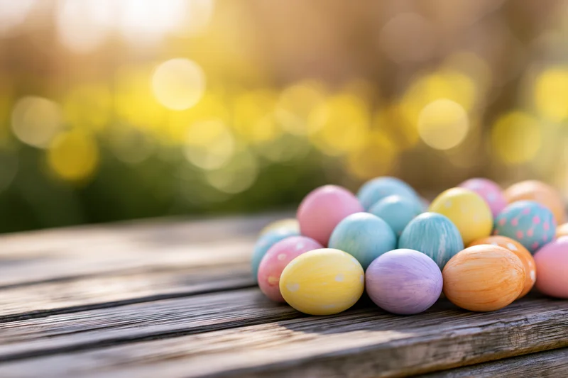Colorful painted easter eggs clustered on a wooden table outdoors with blurred greenery and sunlight in the background