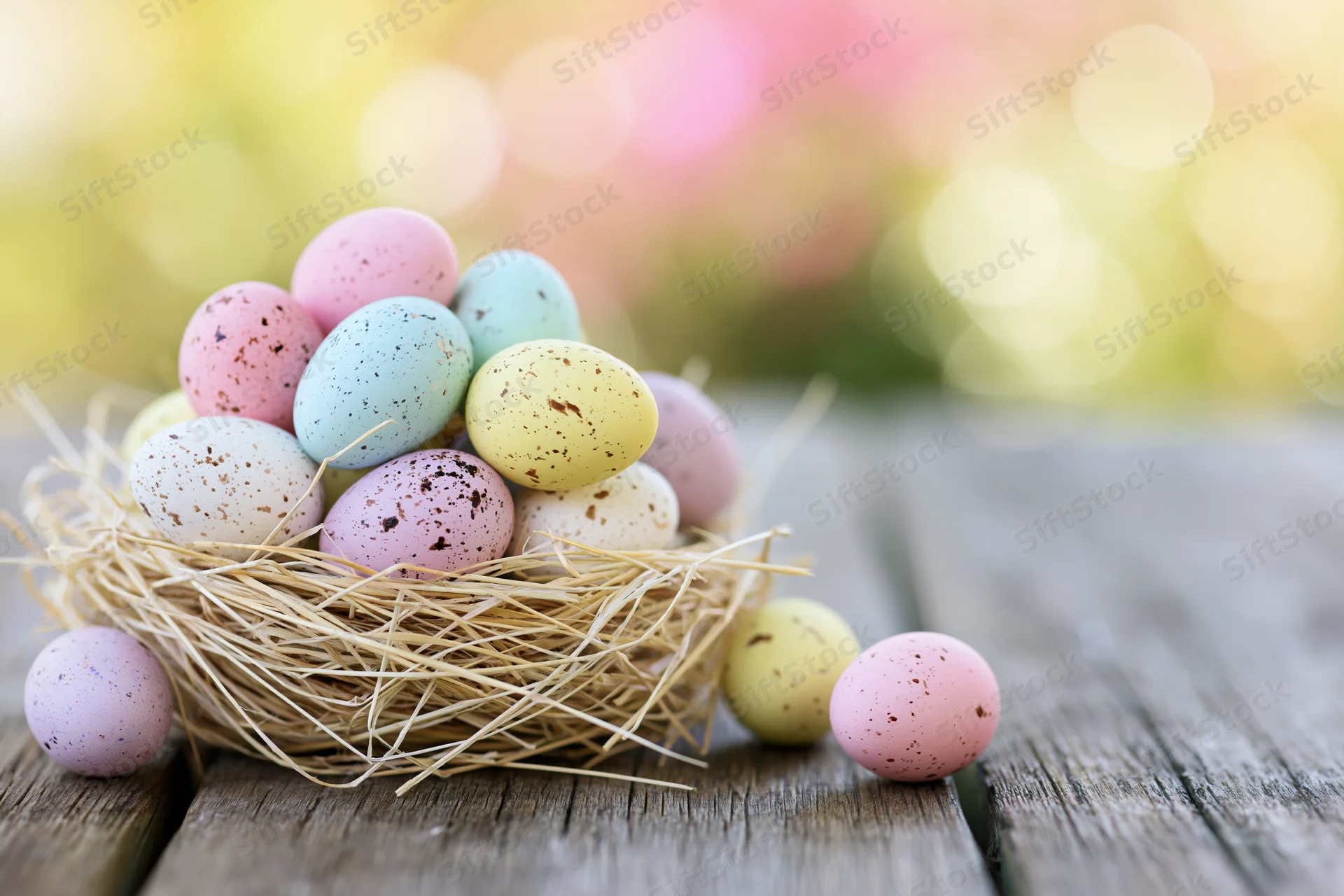 Colorful painted easter eggs in a straw nest on a wooden table with soft bokeh background