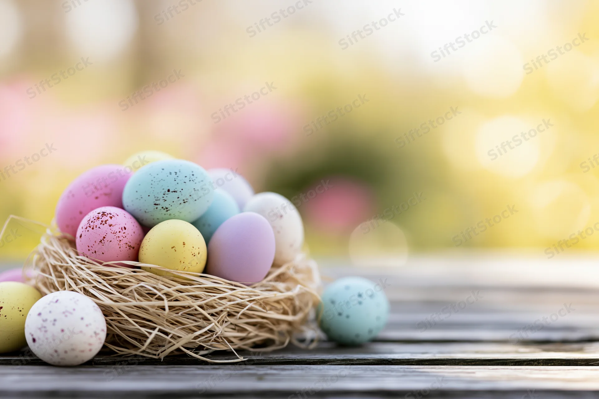 Colorful painted easter eggs in a straw nest on a wooden table outdoors