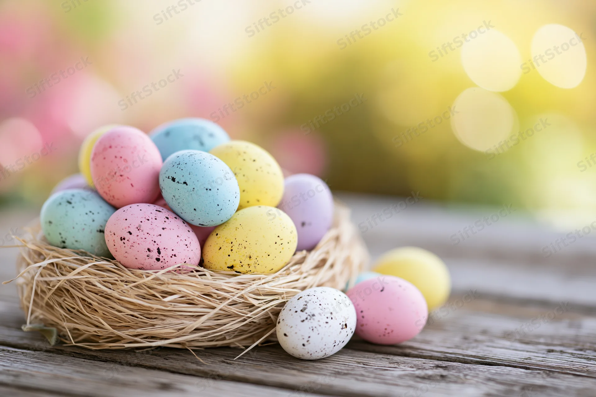 Colorful painted easter eggs in a straw nest on a wooden table with blurred garden background