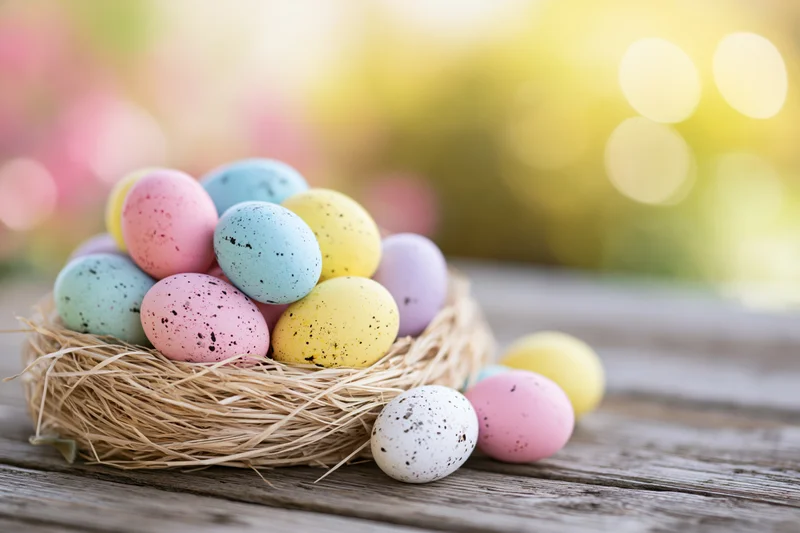 Colorful painted easter eggs in a straw nest on a wooden table with blurred garden background