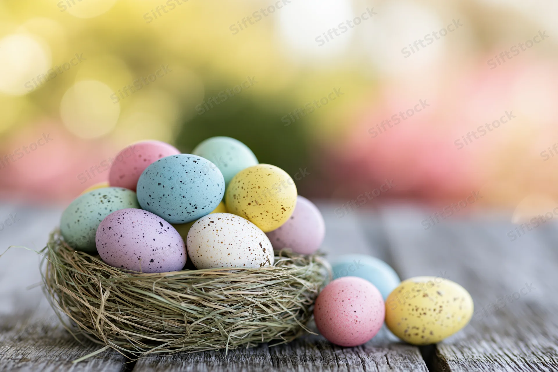 Colorful painted easter eggs in a straw nest on a wooden table with blurred garden background