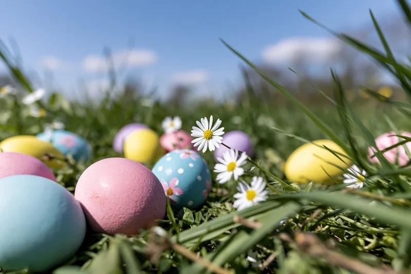 Colorful painted easter eggs scattered in green grass with white daisies under blue sky