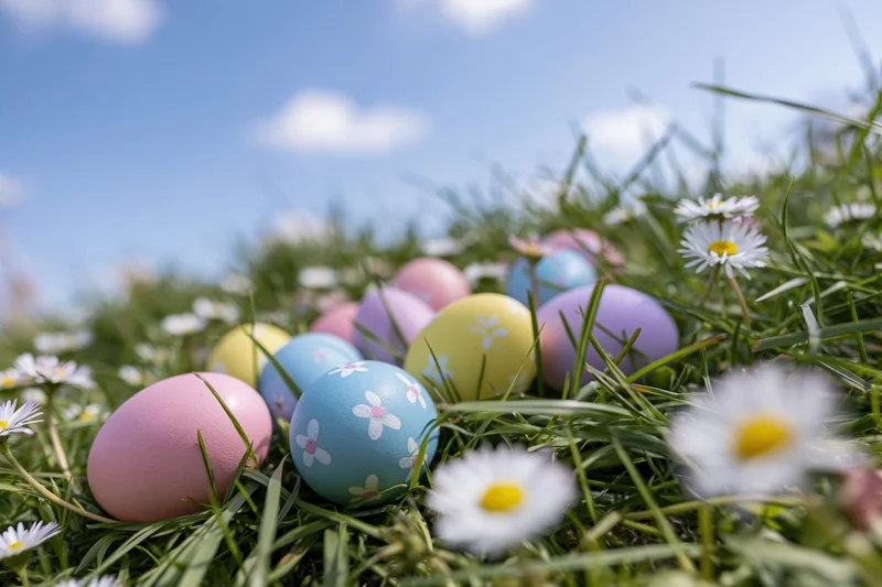 Colorful painted easter eggs scattered in green grass with white daisies under a blue sky