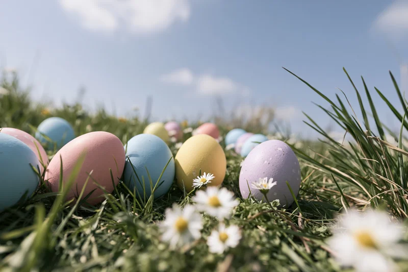 Colorful painted easter eggs scattered in green grass with white daisies under blue sky