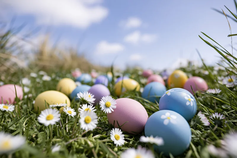 Colorful painted easter eggs scattered in green grass with white daisies under blue sky