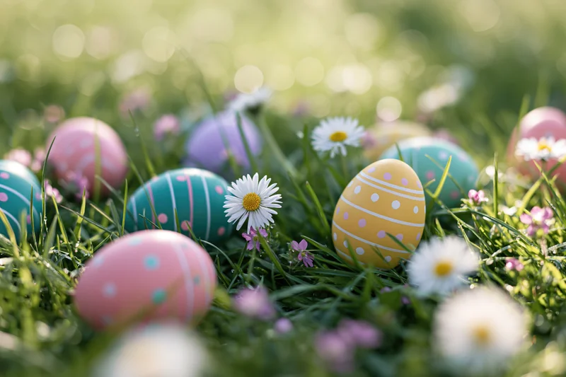 Colorful painted easter eggs scattered in green grass among daisies and small flowers