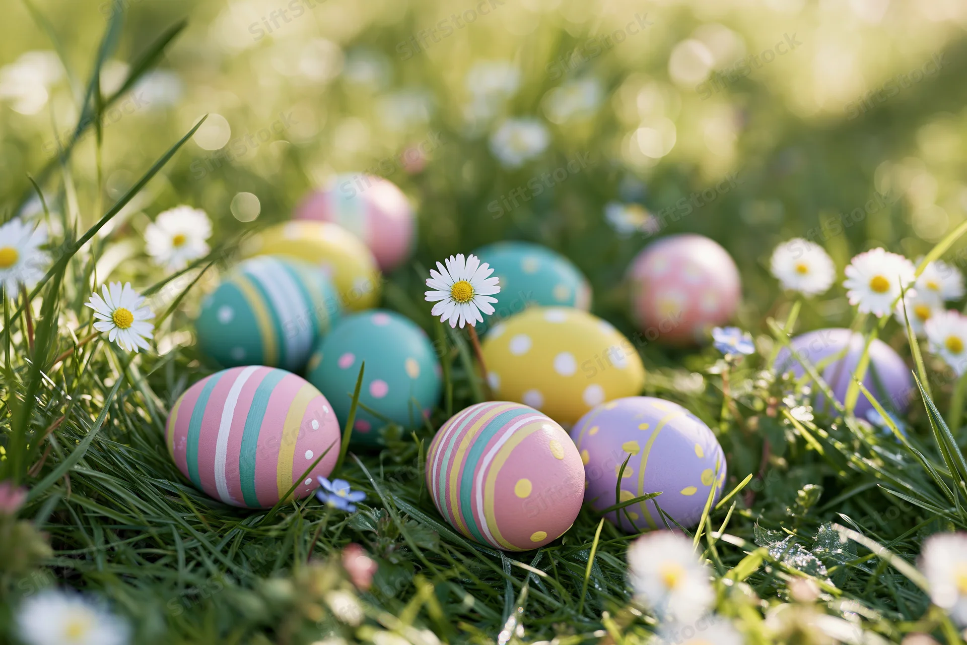Colorful painted easter eggs scattered in green grass among white daisies